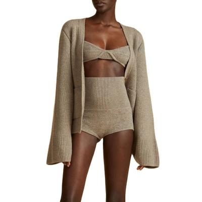 China 2022 Anti-Wrinkle Custom OEM and ODM Sweater Women 100% Cashmere Sweater Short Set Knitted Women 3 Pieces Cardigan Sweater Set for sale