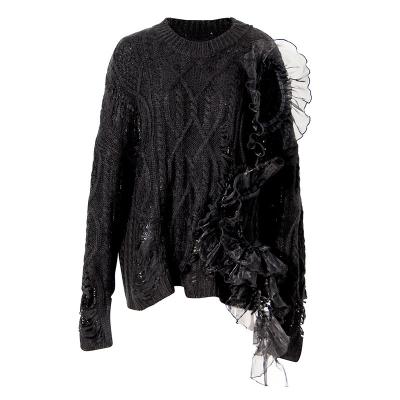 China Custom Export Anti-Wrinkle Sweater Women Autumn Knitwear Splice Hole Knit Top Women for sale