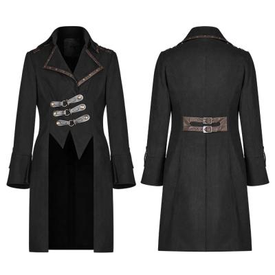 China WY-1095 Steampunk Anti-Shrink Cotton Leather Anti-Shrink Black Buttons Turn Down Asymmetric Long Collar Coat Men Jacket for sale