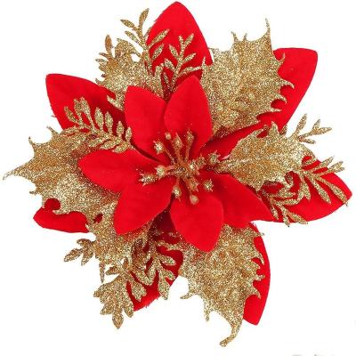 China Realistic 14cm Gold Plastic Powder Flower Three-layer Flower Christmas Tree Decoration Realistic Artificial Hotel Classrooms for sale