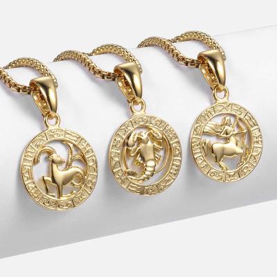 China Gold Plated Zodiac Sign Pendant Necklace Friendly Material Round 12 Horoscope Zodiac Necklace Jewelry Gifts for sale