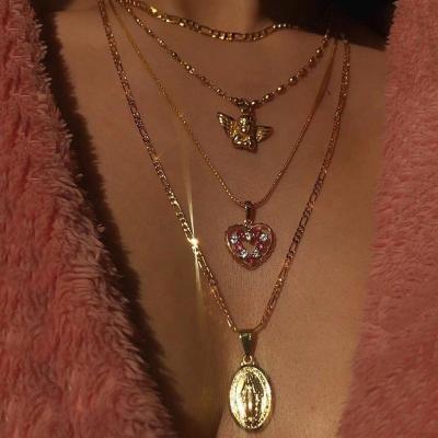 China Friendly Material Gold Plated Rhinestone Heart Necklace Angel Wings Virgin Mary Layered Layered Necklace for sale