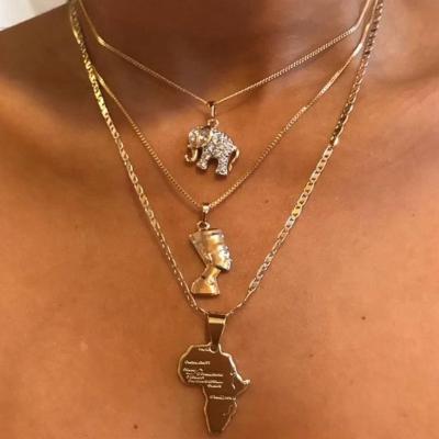 China Egyptian Queen World Map Elephant Necklace Women Layer Friendly Multi Material Gold Plated Pendant Necklace for sale