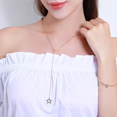 China Friendly Material Women Fashion Stainless Steel Simple Gold Plated Long Chain Necklace Star Moon Pendant Necklace Jewelry for sale