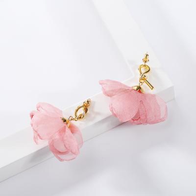 China 2021 romantic flower stud earrings for women fabric cotton flower post earring drop earring gold metal rococo bow for sale