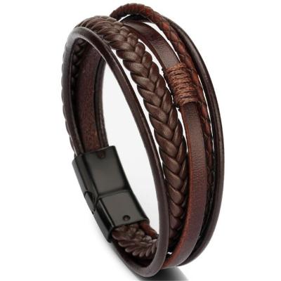 China Fashion Friendly Material Bracelet Men Stainless Steel Rope Bracelet Genuine Leather Multilayer Braided Jewelry for sale