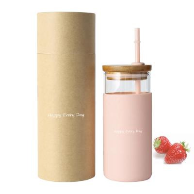 China Viable Bpa Free Wide Mouth Silicone Borosilicate Single Wall Glass Water Bottle With Bamboo Lid for sale