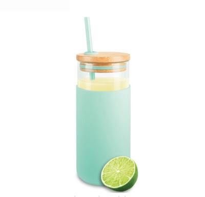 China Sustainable Silicone Sleeve Glass Water Bottle With Straw And Bamboo Lid For Recycling Bubble Tea for sale