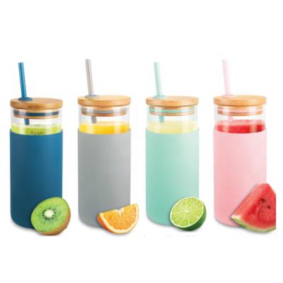 China Custom Reusable Boba Milk Tea Cup Lid 580ml Silicone Viable Sleeve Bamboo Glass Water Bottle Tumbler for sale