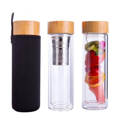 China Amazon Sustainable Product 2020 Custom Double Wall Glass Water Bottle With Lid Bamboo Tea Infuser for sale