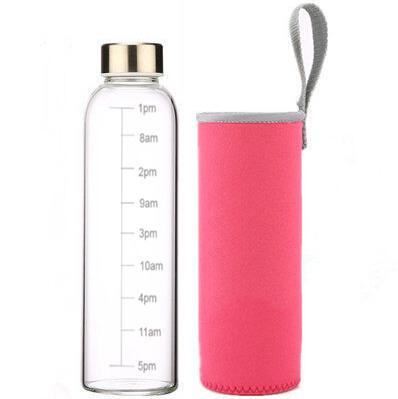 China Sustainable High Quality Sports Time Marker Drinking Glass Water Bottle With Neoprene Sleeve for sale