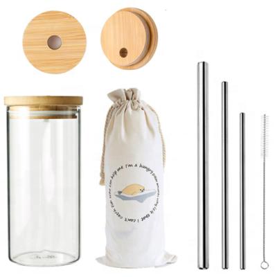 China Custom Logo Design Sustainable Borosilicate Glass Packing Water Bottle With Straw And Bamboo Lid for sale