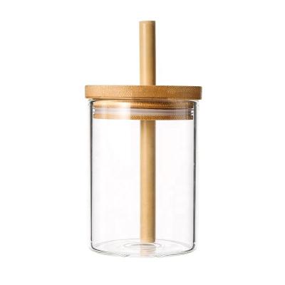 China Lids 350ml Borosilicate Glass Sustainable Bamboo Water Bottle With 12mm Boba Straw Accept Custom Logo for sale