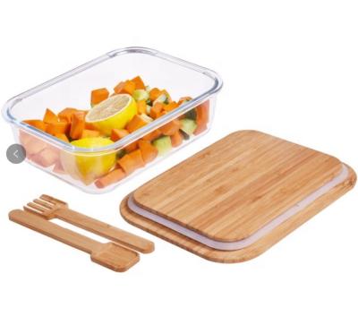 China Sustainable BPA Free Leak Proof High Borosilicate Glass Storage Box With Natural Bamboo Cover for sale