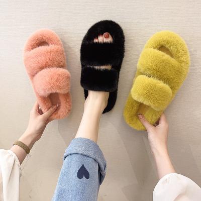 China CUSHIONING Wholesale Curly Fur Vegan Fox Color Plush Slipper Fluffy Fur Slippers For Women for sale