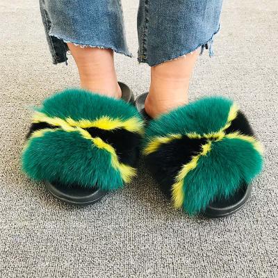 China Fast Shipping Fashion Trend Wholesale Price Fox Fur Slides Flush Soft Raccoon Fur Slipper Outdoor Slider Sandals Smudge Fur Slides For Women for sale