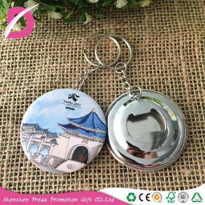 China Viable Cheap Price Tin Button Badge Bottle Opener With Accessories Keychain Tin Opener for sale