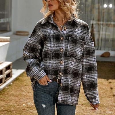 China 2021 Wholesale Custom Button Autumn Shirt Drop Shoulder Plaid Breathable Oversized Casual Jackets For Women for sale