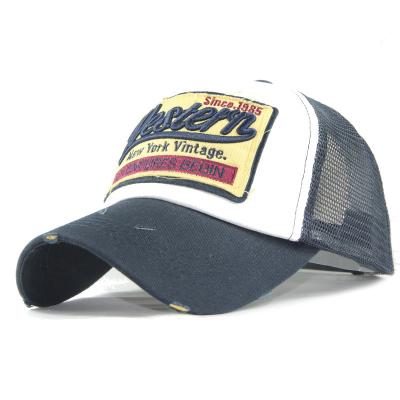 China Wholesale broken stock equities washed with 3D embroidery contrast colo rtrucker mesh hat for sale