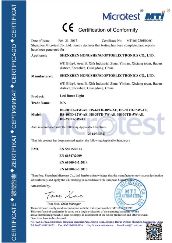 CE - Shenzhen Hongsheng Optoelectronics Co., Ltd.