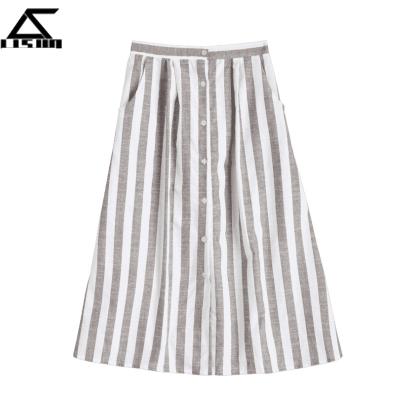 China High Waist Button Casual Skirt Plus Mid Calf Up Striped Skirt for sale