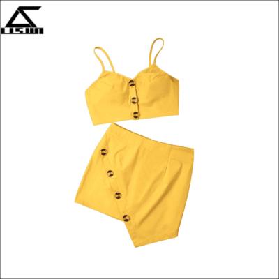 China V-collarline Buttoned Crop Top And Mini Skirt Set Yellow Women's Skirt Set for sale