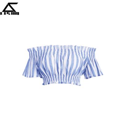 China Hot Striped Light Steel Blue Anti-pilling Off Shoulder Cropped Top for sale