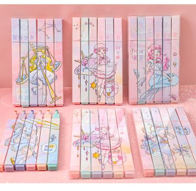 China 6Pcs/set Colorful Marker Pen Highlighter The Zodiac Highlighter Light Color Oblique Marker Pen For Girl Stationery Back To School for sale