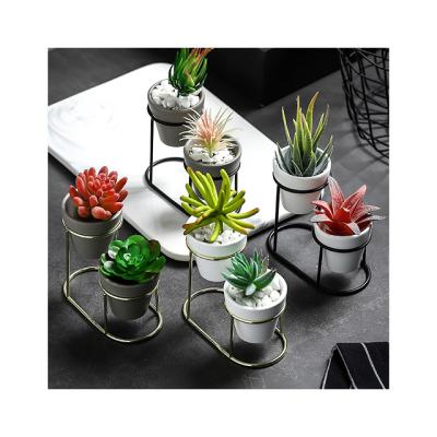 China Minimalist Mini Outdoor Garden Home Office Table Decor Ceramic Flower Pot With Metal Frame Plant Stand Design for sale