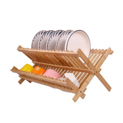 China Kitchen Countertop Folding 3 Tier Bamboo Dish Utensil Holder Rack Rack Dish Drying Rack Shelf for sale