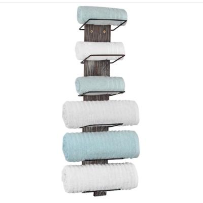 China 6 Tier Shelf Bathroom Shower Wooden Metal Wall Rustic Rustic Towel Rack For Rolled Towels for sale