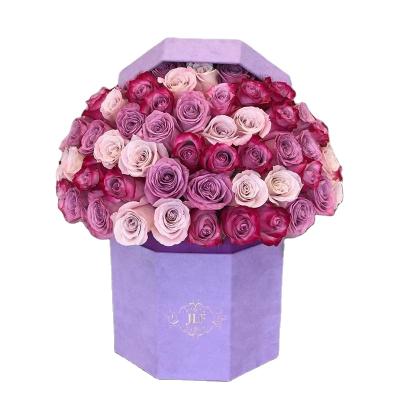 China Custom Handmade Flower Box Luxury Roses Flower Box Velvet Hexagon Suede Flower Box For Valentine's Day for sale