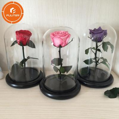 China Custom Luxury Glass Dome Long Stem Preserved Rose Flower Dome for sale