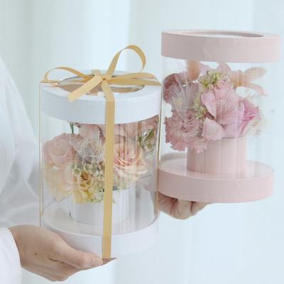 China Handmade Custom Preserved Roses Box Transparent Floral Boxes Clear Cylinder Flower Boxes White for sale