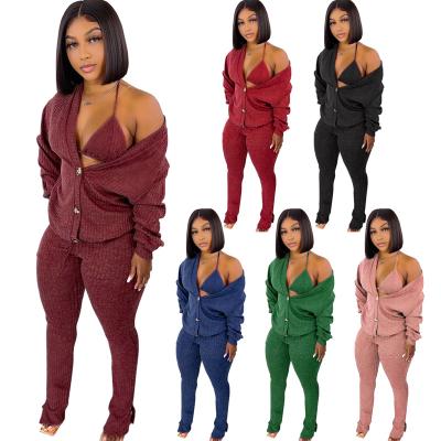 China 2021 Hot Sale Anti-wrinkle Winter V-Neck Custom Sweatpants Knitted Sweater Women Casual Crochet Cardigan Sweater and Long Pant 3 Piece Set for sale