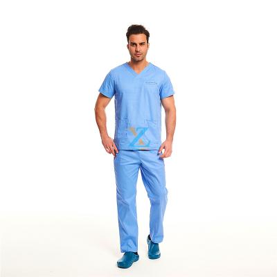 China Breathable/Comfortable/Absorb Sweat/Fashion/100% Cotton Non-Disposable Loose Men's Hospital Nurse Suit Sets V-Neck Tops Stylish Medical Care Scrubs Uniforms for sale