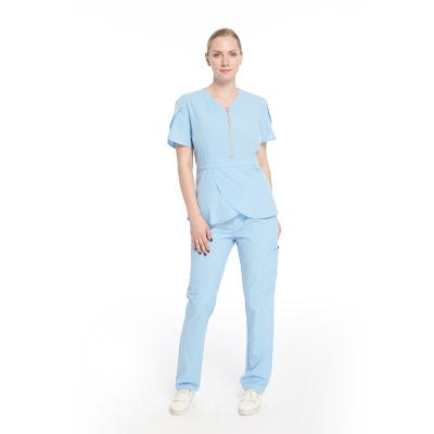 China Tops Short Sleeve / Elegant Work Suit Ladies Front Up Zip Medical Staff Tunic Blouses / Jogger Sets Nurse Hospital Scrub Uniforms Women for sale