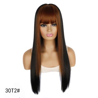 China SHI SHENG Cheap Long Straight Black Brown Ombre Wave Silky Straight Synthetic Wig With Bangs For Women High Temperature Wire for sale