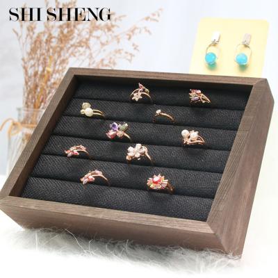 China SHI SHENG Fashion Brown Solid Wood Luxury Canvas Jewelry Ring Display Tray Plate for Luxury Jewelry Display for sale