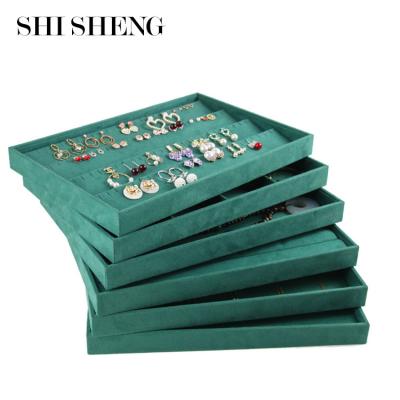 China SHI SHENG Hot Sale Velvet Earrings Eco-friendly Bracelet Ring Dish Holder Stackable Green Jewelry Organizer Tray for sale