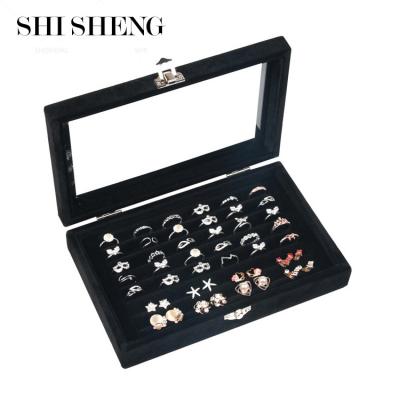 China SHI SHENG Hot Sale Portable Velvet Eco-friendly Ring Display Organizer Box Tray with Lid for Jewelry Storage for sale