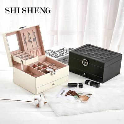 China Morden SHI SHENG Wholesale Luxury PU Leather Mirror Jewelry Box Case Necklace Bracelet Ring With Drawer for sale