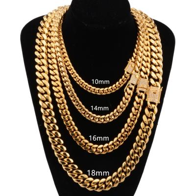 China Hiphop/Rock 14k Gold Plated Mens Miami Cuban Link Heavy Chain Choker with Lab Diamond Clasp Stainless Steel Necklace for sale