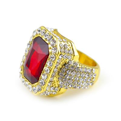 China Hiphop Gold Hip Hop Silver Color Iced Out Red Crystal CZ Ring Finger Ring Luxury Woman Men Fashion for sale