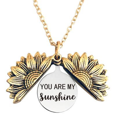 China Retro Hiphop/Rock Sunflower Necklace Can Open Engraved Custom Double Letter Alloy Sunflower Pendant Necklace for sale