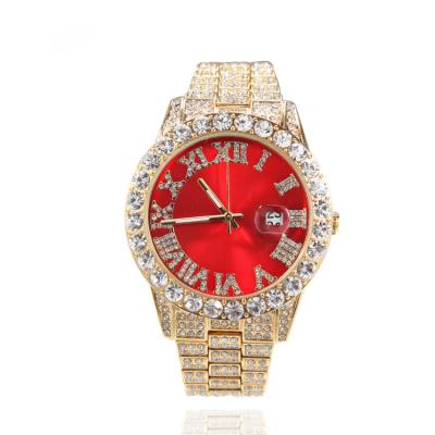 China Day/Date Mens Big Rocks With Roman Numerals Fully Iced Out Colored Dial Quartz Diamond Watch for sale