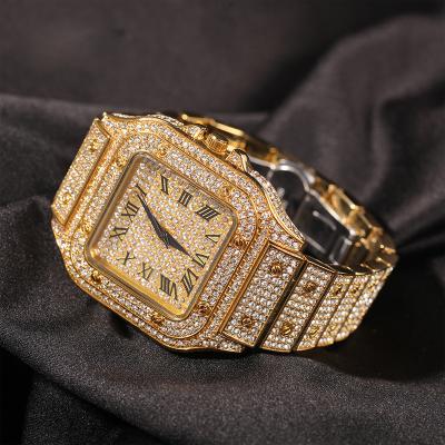 China Full Diamond Roman Square Dial Fashion Wristwatch Day/Date Hip Hop Scale Men's Quartz Flasher Watch for sale