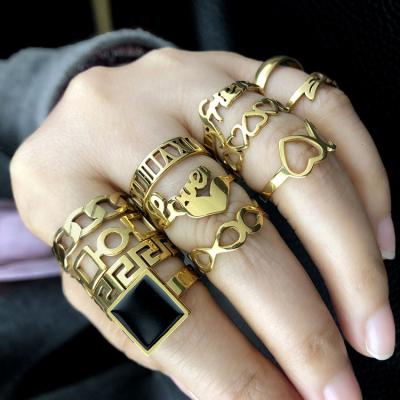 China Hiphop Geometric Chain Roman Numeral Titanium Ring Three Piece Set Men Women Gold Stainless Steel Rings for sale