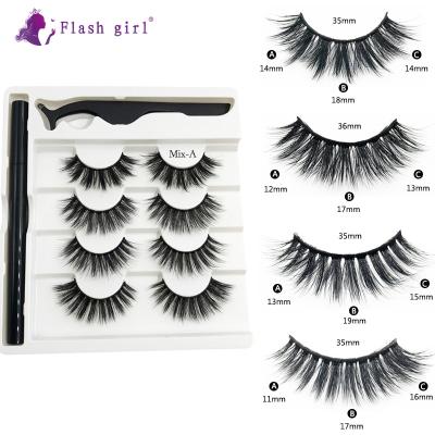 China 4 Pairs 3D Natural Instant Luxurious High-end Mink Eyelashes Magical Self Adhesive Girl Eyeliner Lashes Set With Tweezers for sale