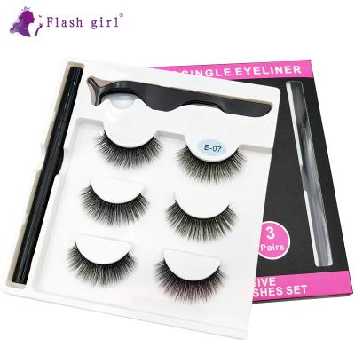 China Wholesale Price E-07 7 Natural Soft 3 Styles Pairs Self Adhesive 3D Mink Eyelashes Magic Eyeliner Set With Tweezers for sale